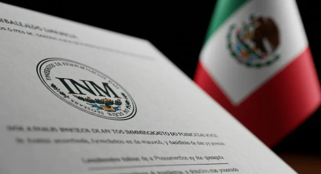 Cómo Realizar Trámites en el INM: Evita Errores Comunes 2 Primer plano del logotipo del INM en un documento oficial, con la bandera mexicana de fondo.