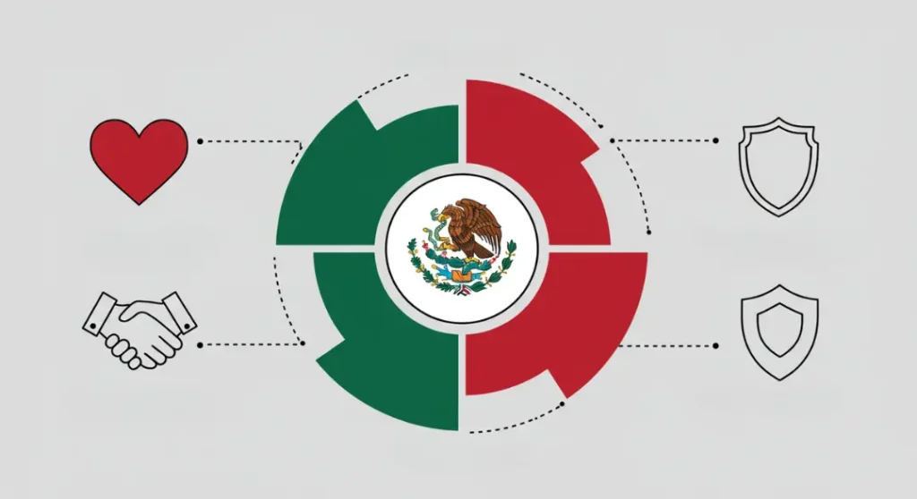 Infografía que ilustra los cuatro principios clave de la ley migratoria de México: derechos humanos, enfoque integral, corresponsabilidad y seguridad.