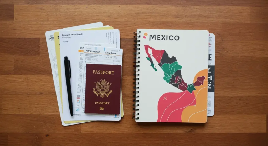 Plano de documentos esenciales para una solicitud de visa mexicana.
