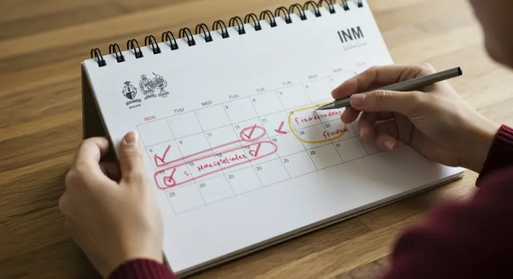 Cómo Realizar Trámites en el INM: Evita Errores Comunes 4 Persona que utiliza un calendario para planificar su cita en el INM, con una lista de verificación de tareas.