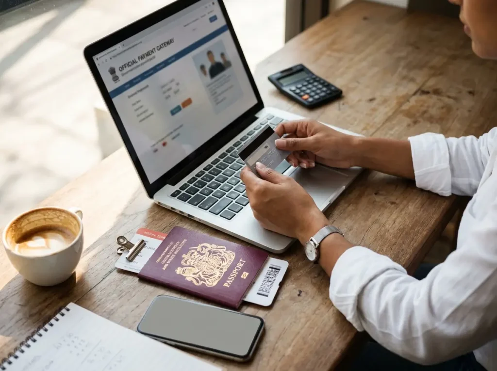 Mesa con pasaporte, boleto de avión y laptop que muestran cómo se paga el costo de la FMM de México
