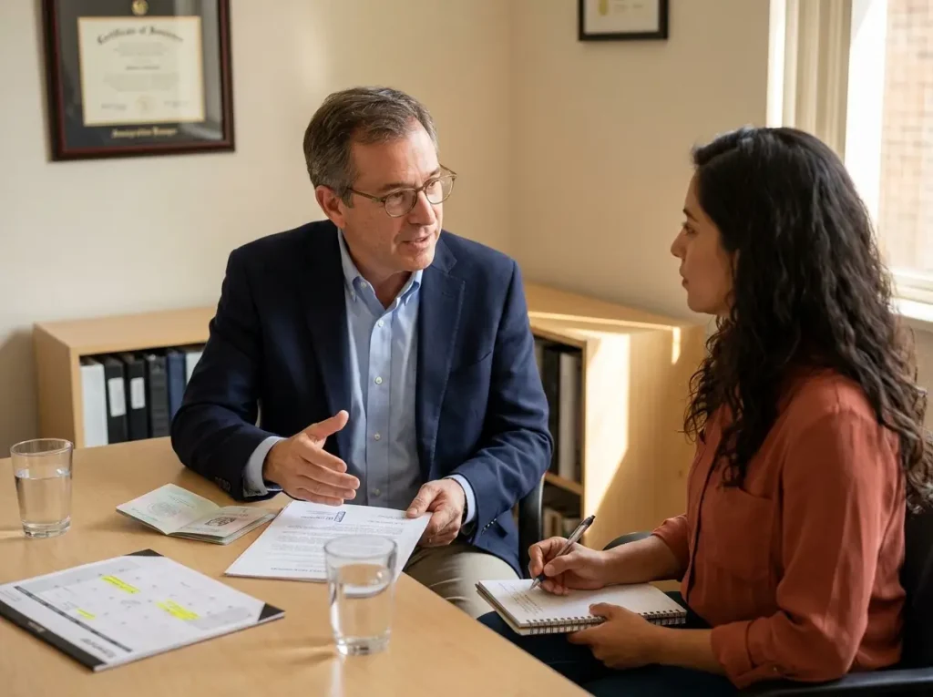 Abogado explica a una clienta cuántos días otorga la FMM de México durante una consulta migratoria