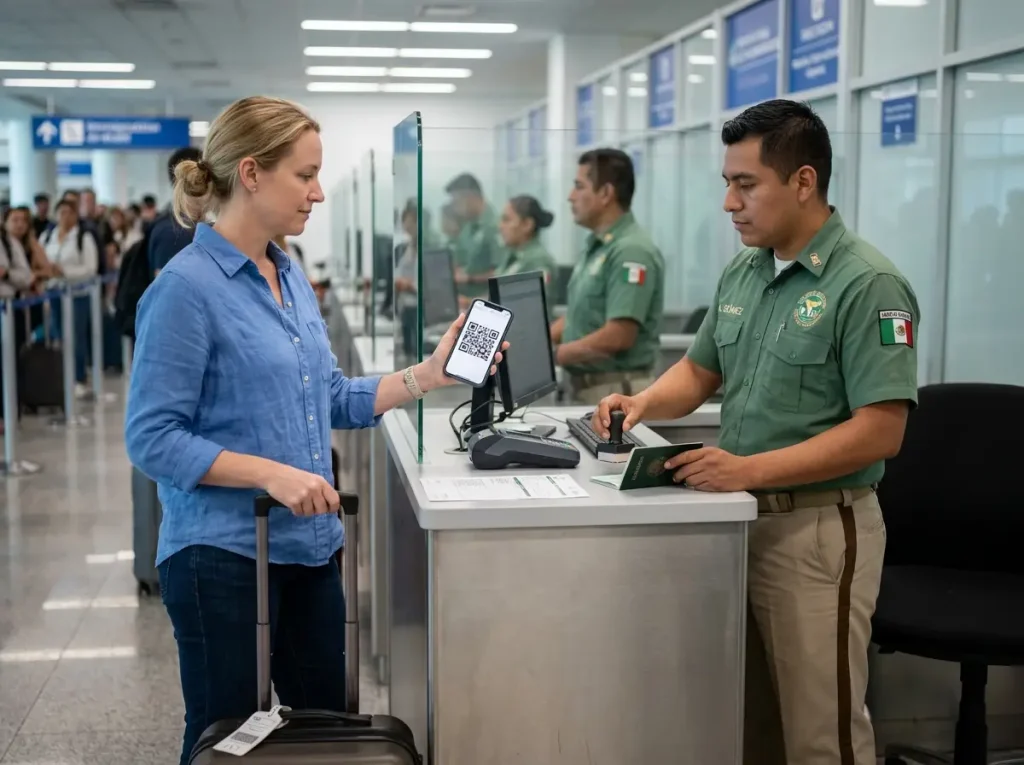 Viajero muestra el código QR de su FMM digital a un agente del INM en el filtro migratorio