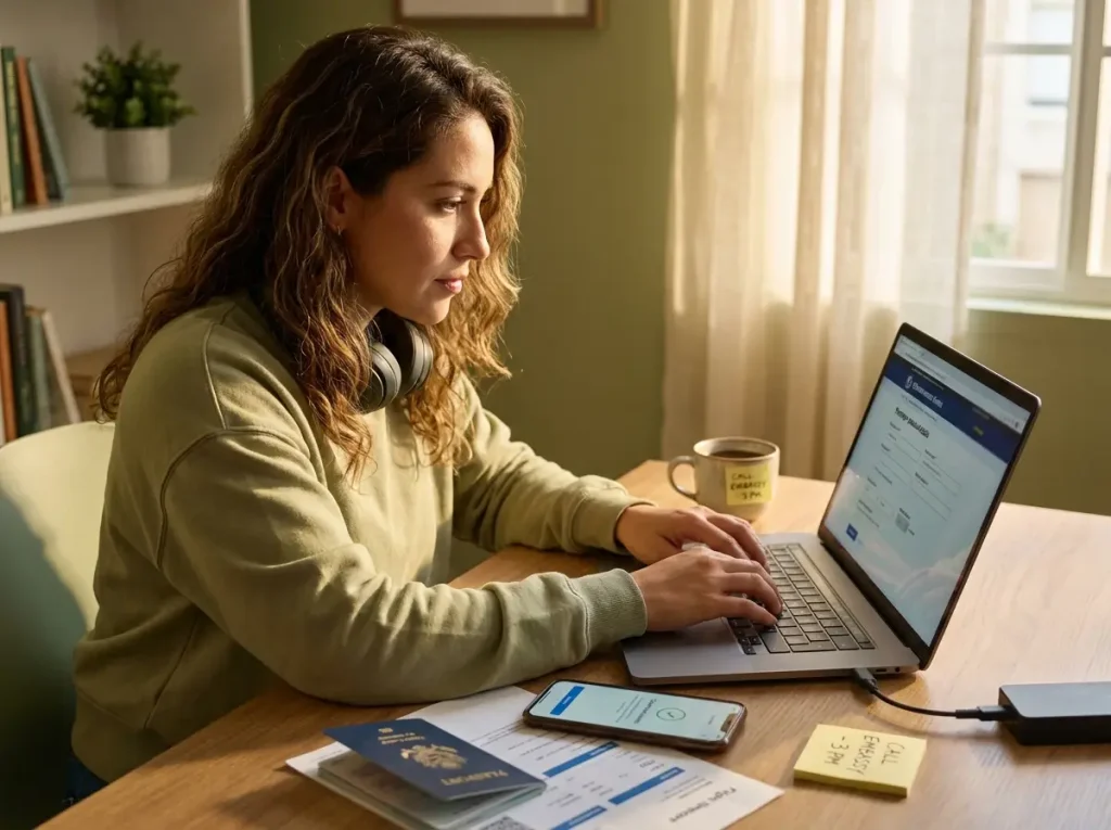 Persona llena en una laptop la solicitud de la FMM de México en línea antes de su vuelo