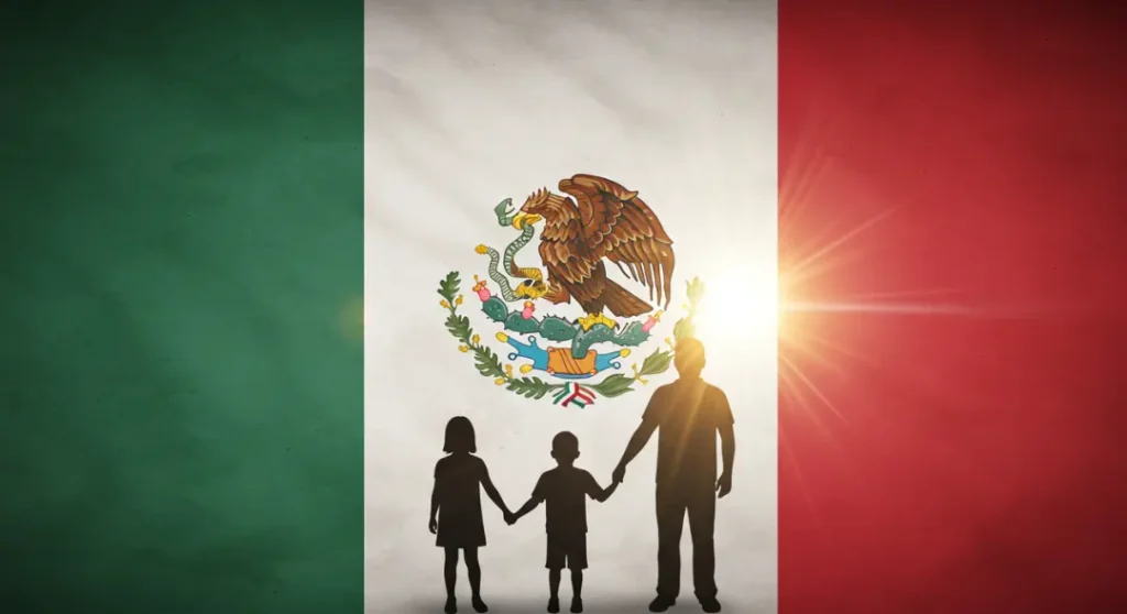 Residencia Permanente En México: ¡La Guía Más Completa! 1 Bandera mexicana con silueta familiar, simbolizando un futuro esperanzador y oportunidades en México.
