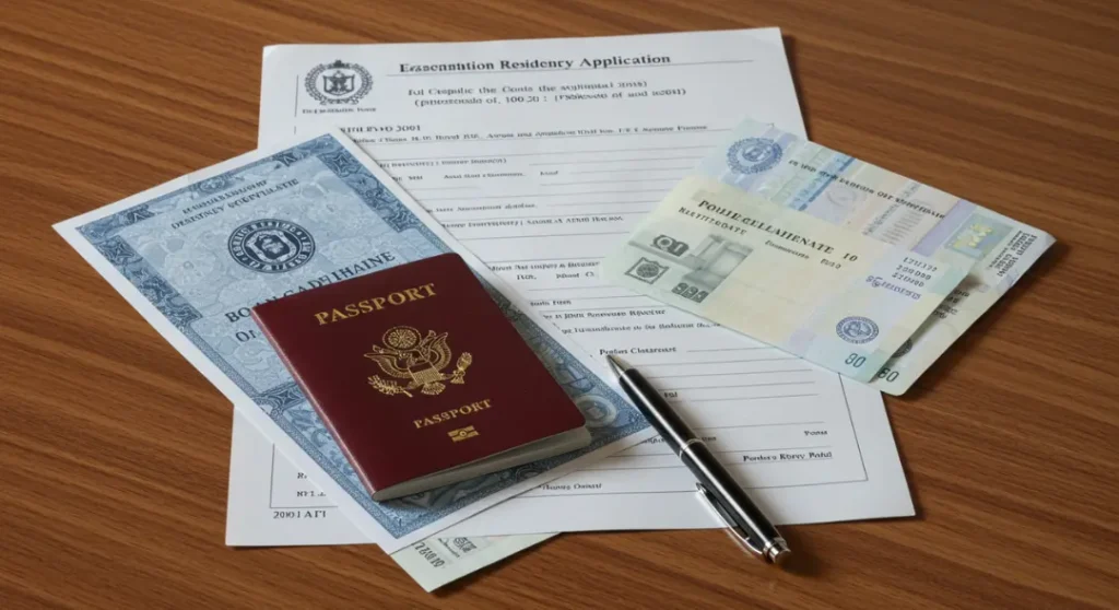 Residencia Permanente En México: ¡La Guía Más Completa! 3 Pila organizada de documentos esenciales para la solicitud de residencia mexicana, incluido pasaporte, formularios y registros financieros.