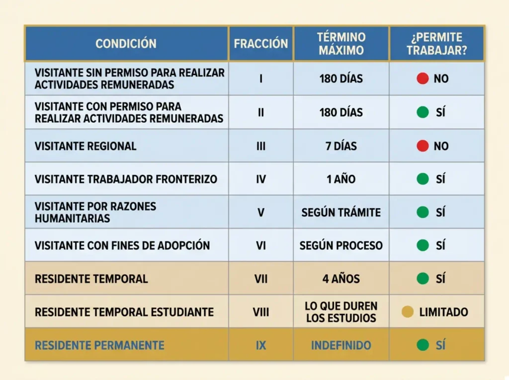 Los Tipos de Migración que la Ley Mexicana Sí Reconoce 5 Tabla que compara las nueve condiciones de estancia del artículo 52, con su fracción, plazo máximo y si permite trabajar