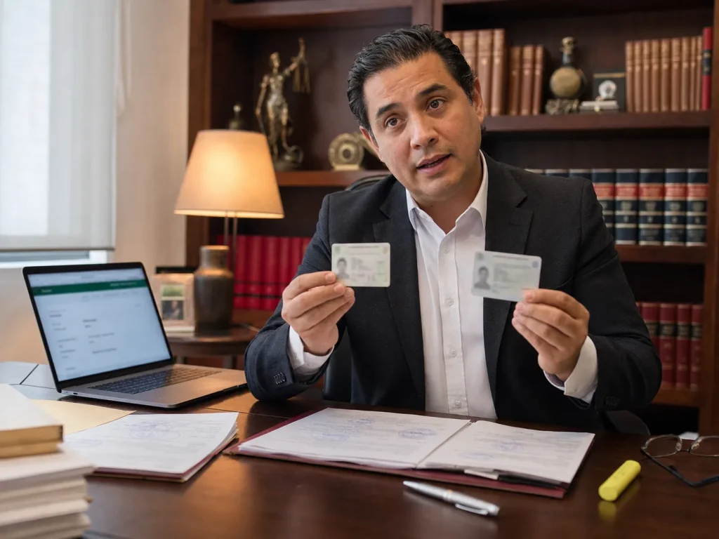 4 Vías para Obtener la Residencia Permanente en México 1 Abogado migratorio comparando tarjeta de residente temporal y permanente sobre su escritorio