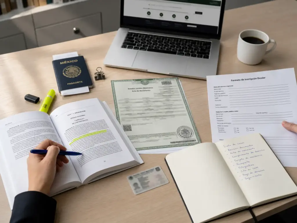 8 Derechos y 3 Obligaciones del Migrante en México 2 Documentos migratorios y Ley de Migración sobre mesa de trabajo mostrando derechos del migrante
