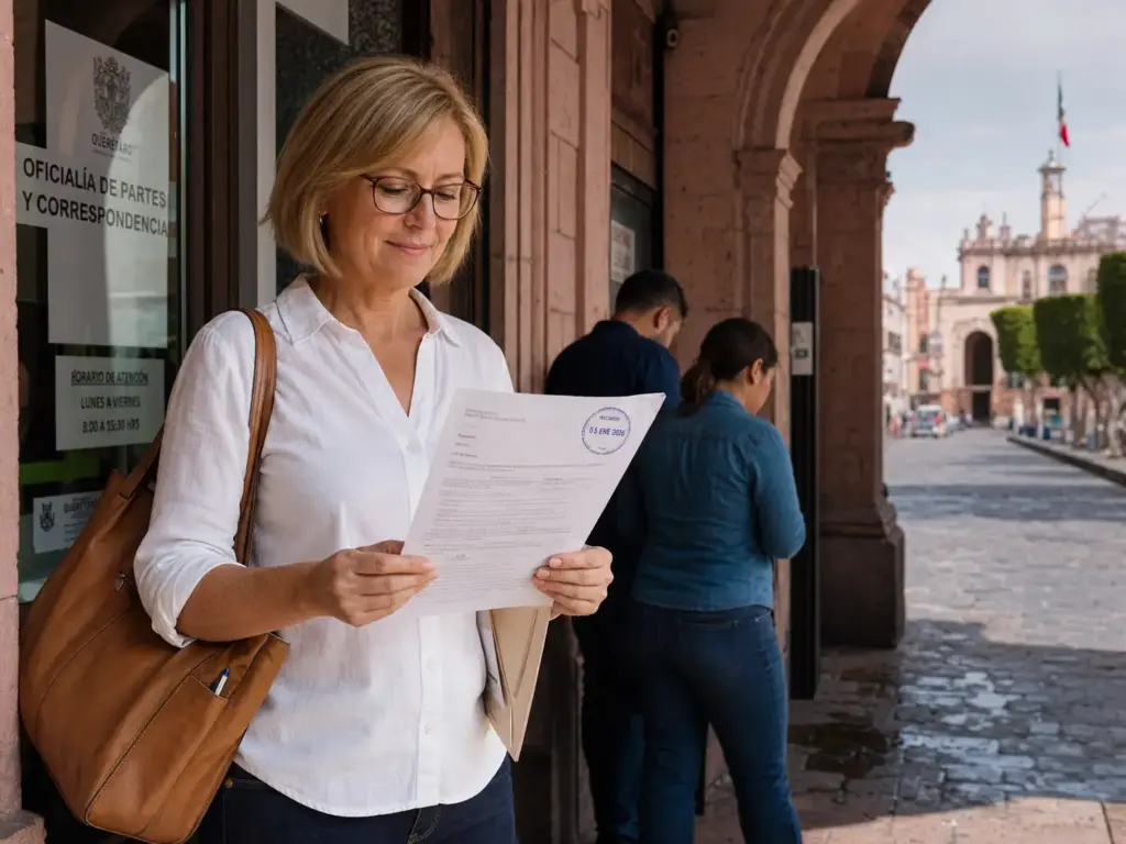 8 Derechos y 3 Obligaciones del Migrante en México 4 Extranjera saliendo de una oficina de gobierno en Querétaro tras notificar su cambio al INM