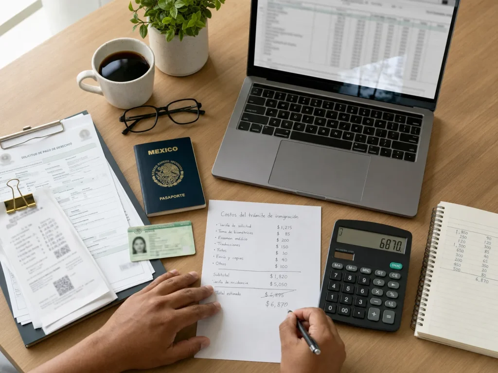 4 Vías para Obtener la Residencia Permanente en México 5 Mesa de trabajo con comprobantes de pago de derechos y calculadora para la residencia permanente