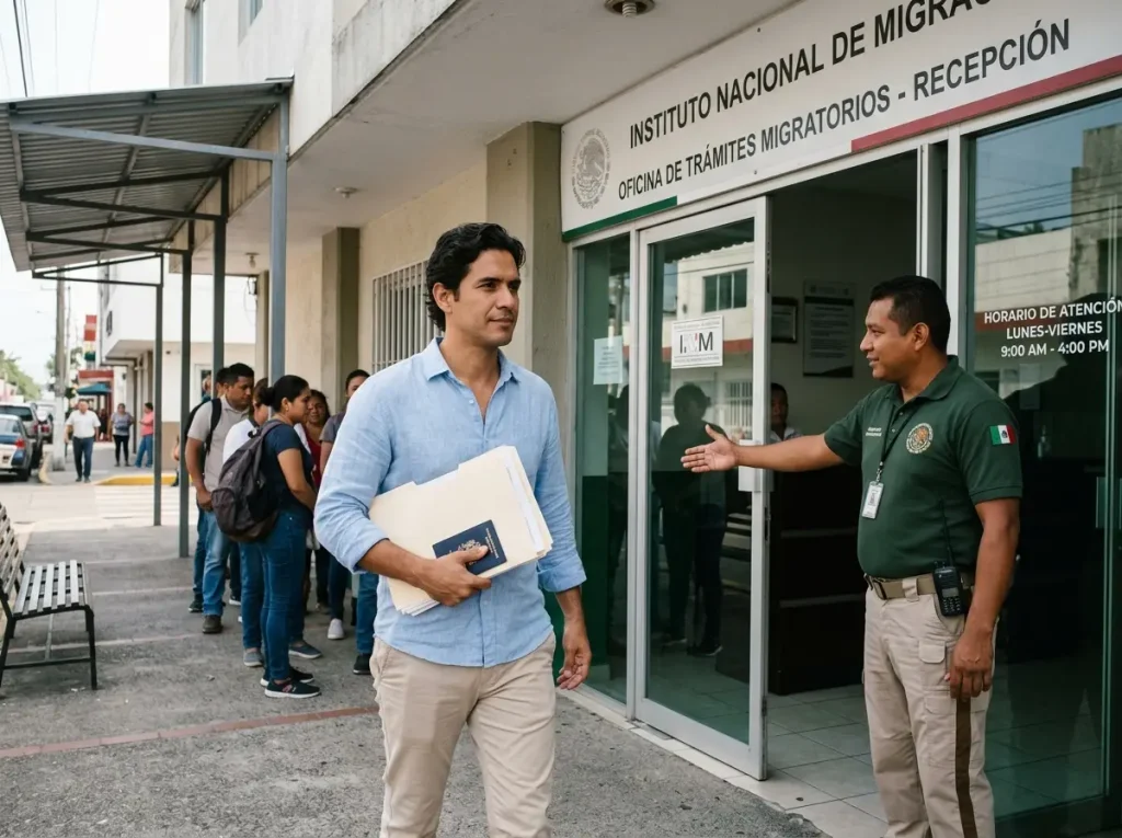 Extranjero llega a la delegación del INM para el trámite de su visa de trabajo y canje de tarjeta