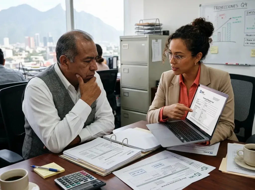 Empresario y contadora revisan la Constancia de Inscripción de Empleador para contratar extranjeros