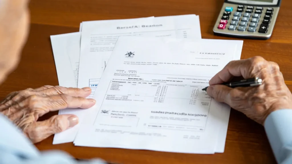 Demostrando solvencia económica: manos de jubilado organizando estados de cuenta y carta de pensión para requisitos de visa residente permanente en México.