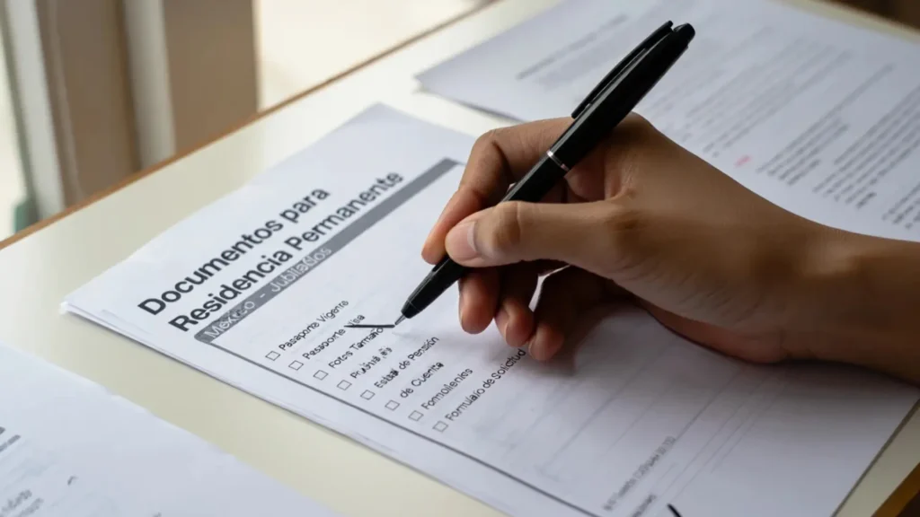 Lista de verificación de documentos indispensables para visa de residente permanente en México para jubilados: mano marcando ítems.