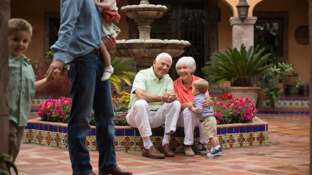 Familia en México con residencia permanente para jubilados: pareja con su cónyuge o hijos disfrutando juntos.