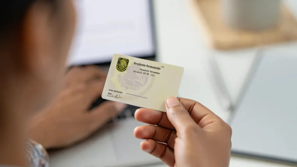 Tarjeta de Residente Permanente (DRP) de México: mano sosteniendo el documento oficial de obtención para jubilados, discutiendo su vigencia.