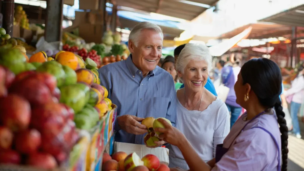 Nueva vida en México para jubilados residentes permanentes: pareja disfrutando de un mercado local, conociendo derechos y obligaciones.