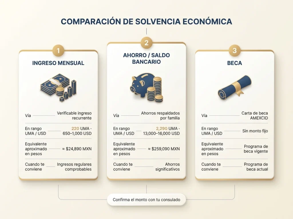 Infografía comparando las tres vías de solvencia económica para la visa de estudiante: ingreso mensual, ahorro y beca