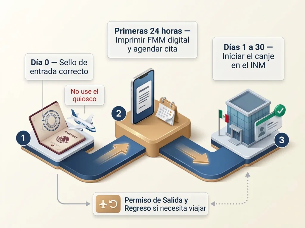 Línea de tiempo del canje de visa mostrando día 0, primeras 24 horas y plazo de 30 días naturales ante el INM