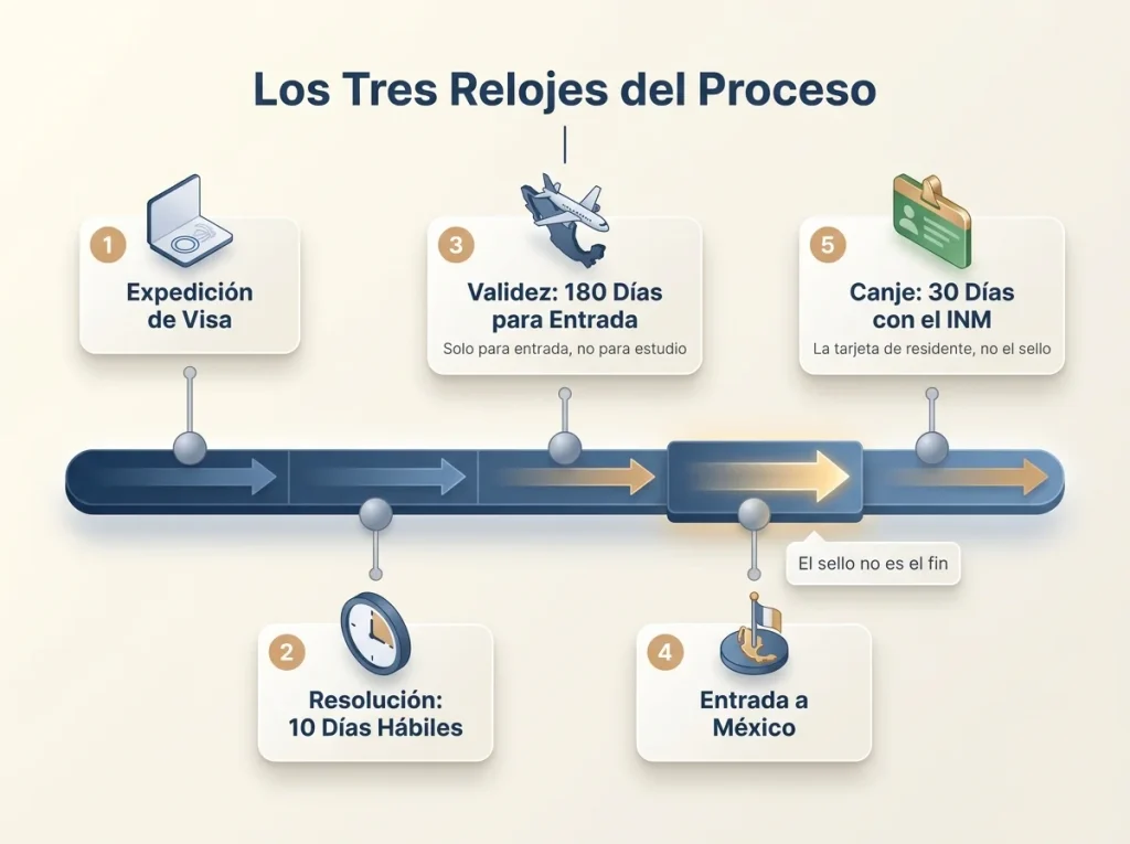 Infografía de línea de tiempo mostrando los tres plazos de la visa de estudiante: resolución, vigencia e ingreso, y canje ante el INM