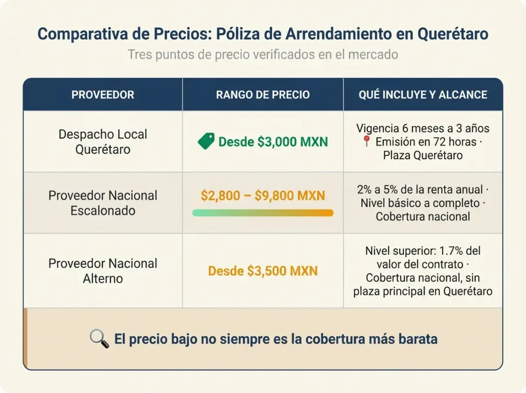 Infografía mostrando comparación de 3 proveedores de póliza de arrendamiento en Querétaro con precio, cobertura y alcance geográfico