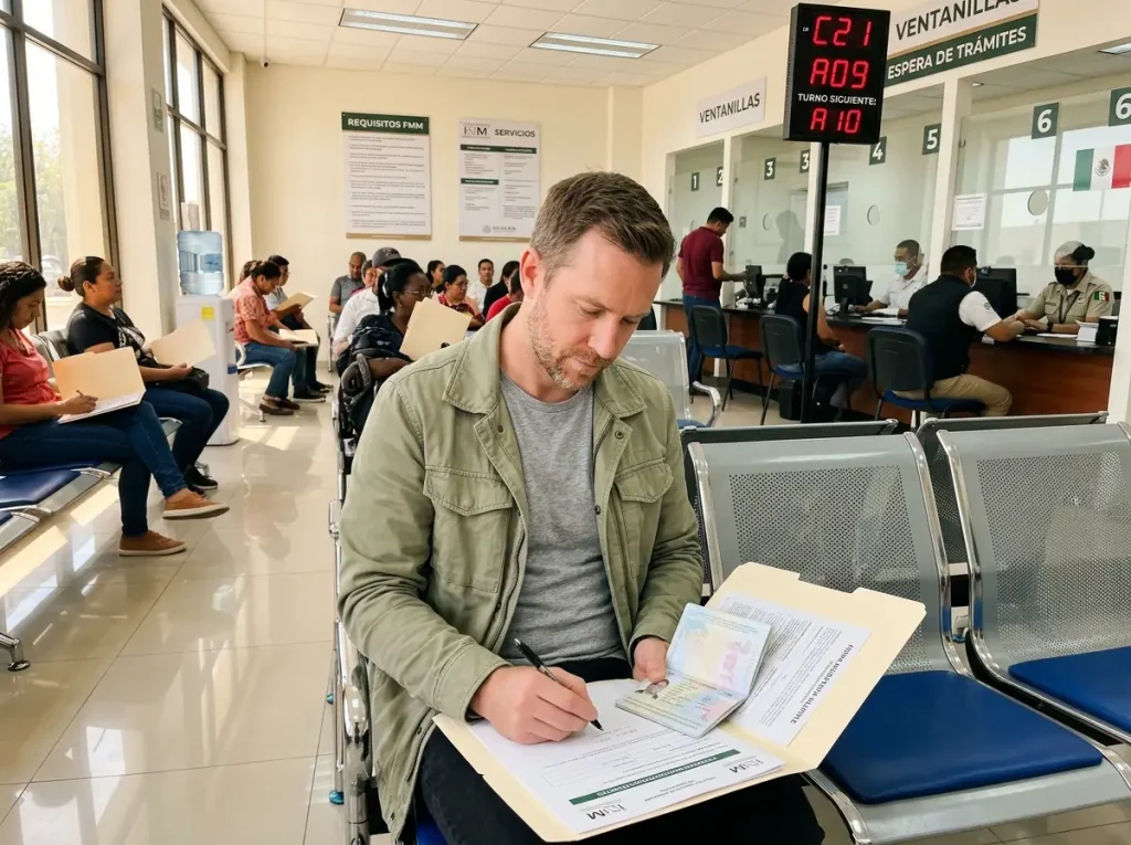 Residente extranjero espera el canje de su visa por la tarjeta de residente temporal en una oficina del INM