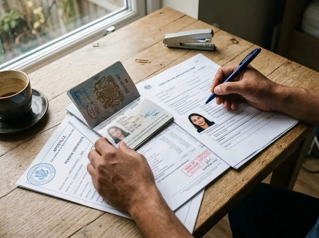 Documentos para la visa de residente temporal por solvencia económica, pasaporte y estados de cuenta sellados