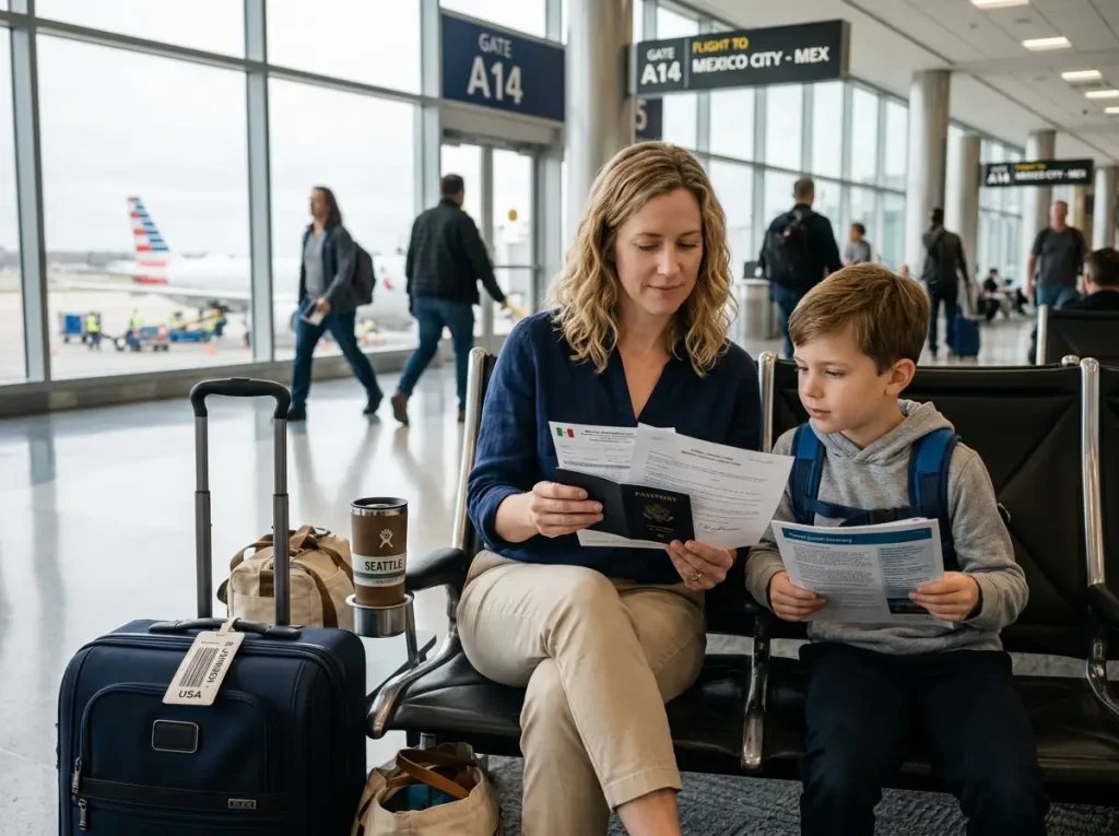 7 Requisitos de la FMM Electrónica de Turista 2026 7 Madre y su hijo menor revisando documentos de viaje y FMM electrónica de turista en la sala de un aeropuerto