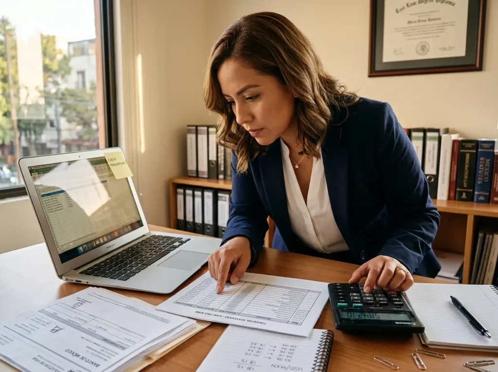 Abogada calculando montos de solvencia económica en UMA para la visa de residente temporal en consulado