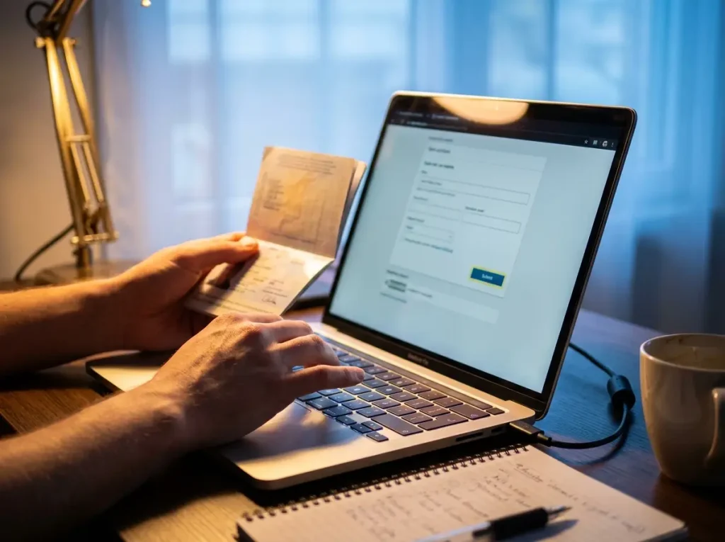 7 Requisitos de la FMM Electrónica de Turista 2026 5 Manos capturando los datos del pasaporte en el portal oficial de la FMM electrónica de turista en una laptop