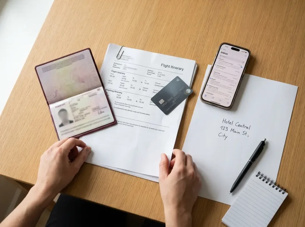 7 Requisitos de la FMM Electrónica de Turista 2026 2 Documentos requeridos para la FMM electrónica de turista sobre una mesa: pasaporte, itinerario y tarjeta