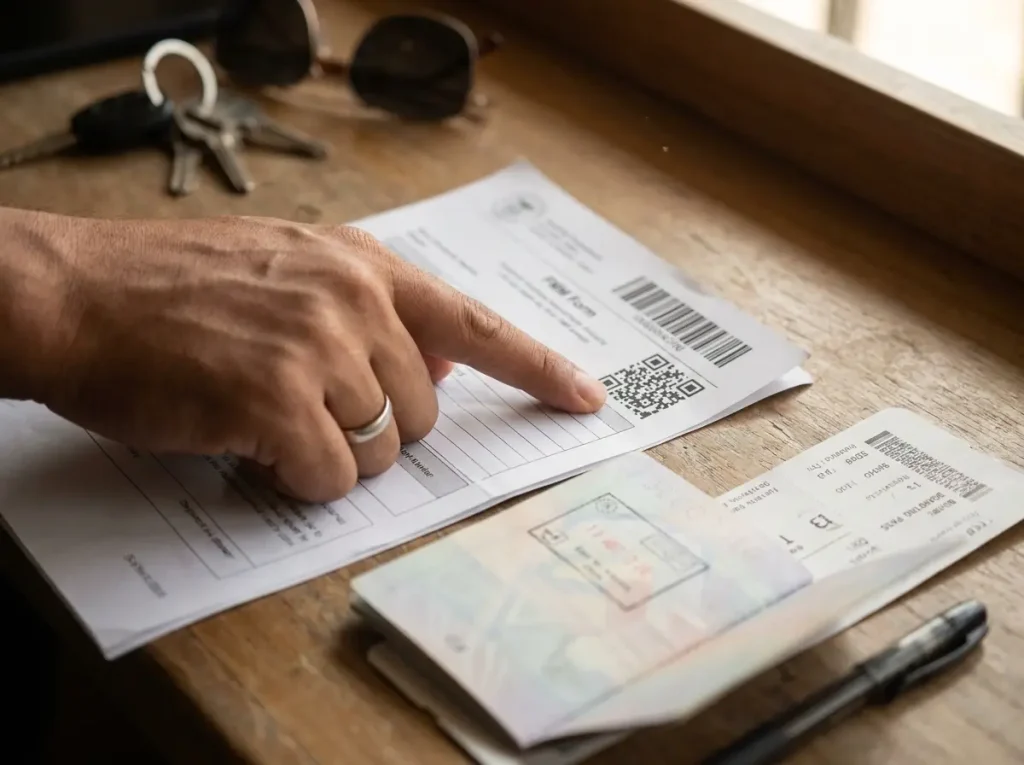 7 Requisitos de la FMM Electrónica de Turista 2026 6 FMM electrónica de turista impresa con sello de entrada junto a un pasaporte y boleto de avión