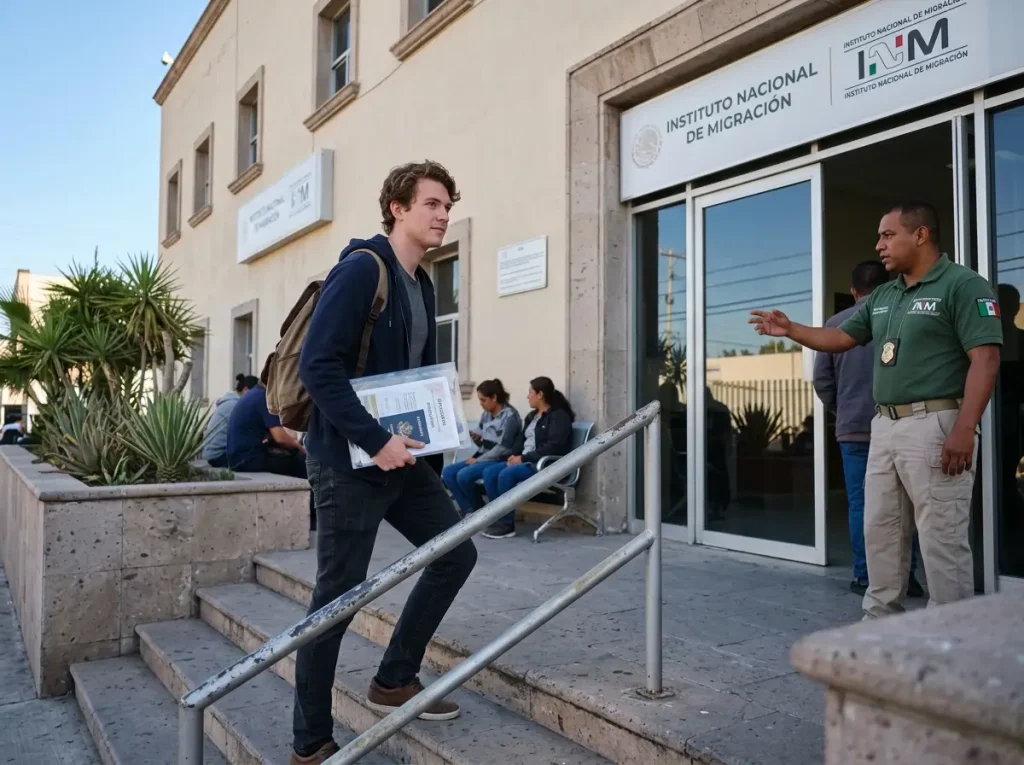 Estudiante llega a una oficina del INM para el canje de su visa de estudiante México por la tarjeta