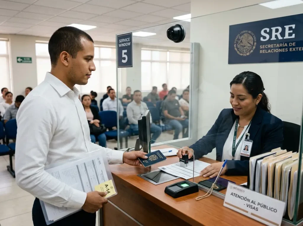 Solicitante en la ventanilla del consulado mexicano durante el trámite de la visa de estudiante México
