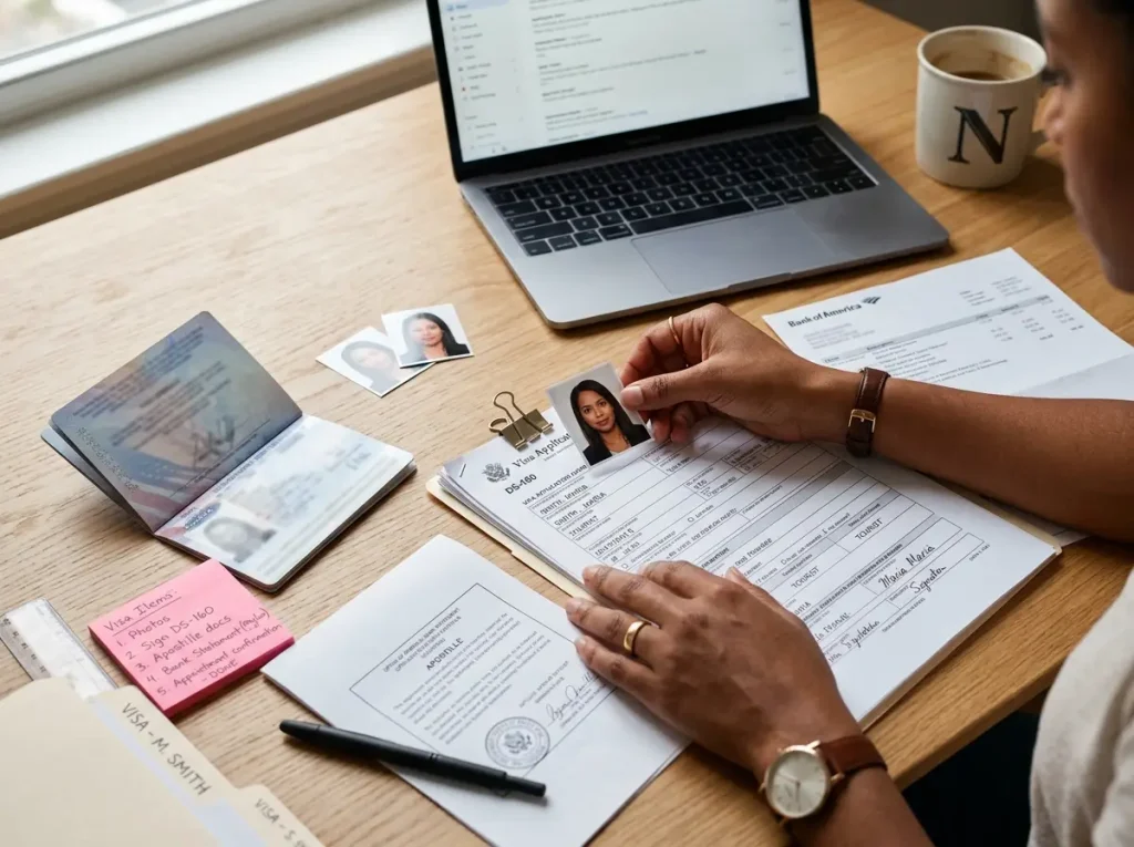 Documentos para la visa de estudiante México sobre una mesa, con pasaporte, fotos y apostilla