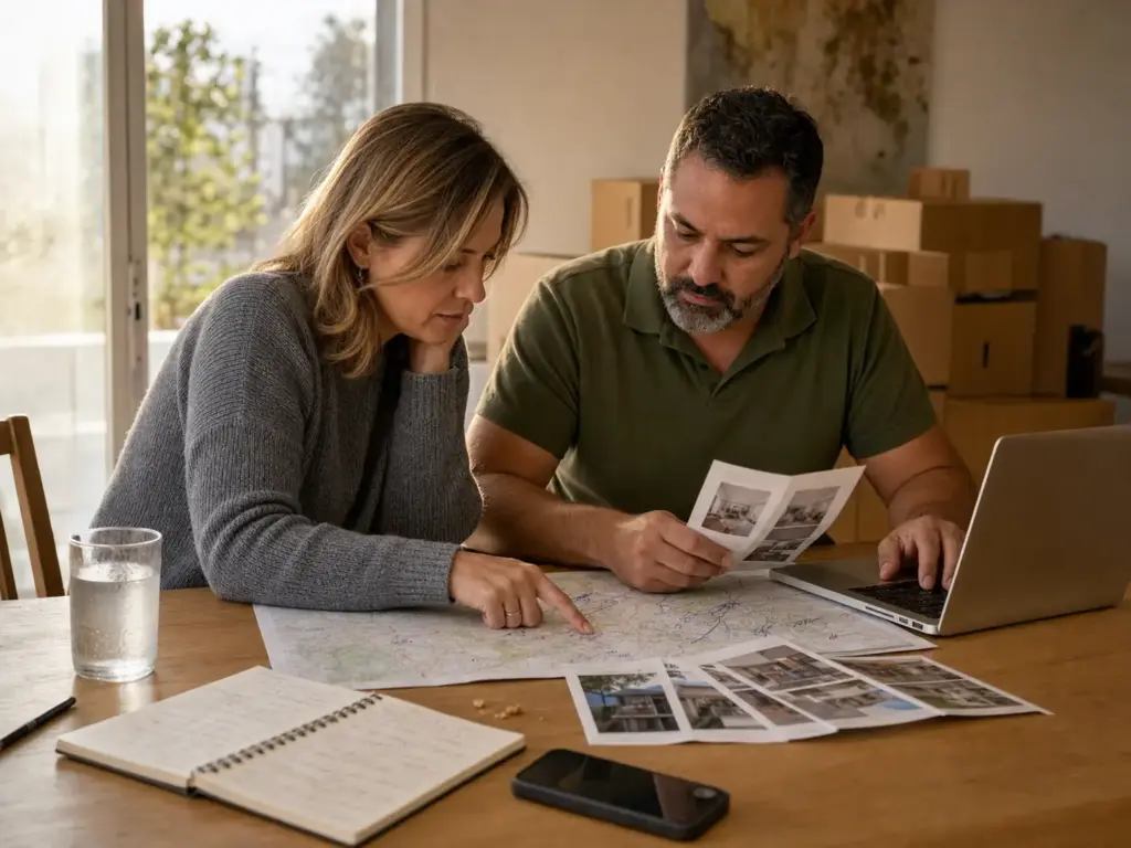 Pareja extranjera comparando mapas y fichas de cinco zonas residenciales de Querétaro sobre la mesa del comedor