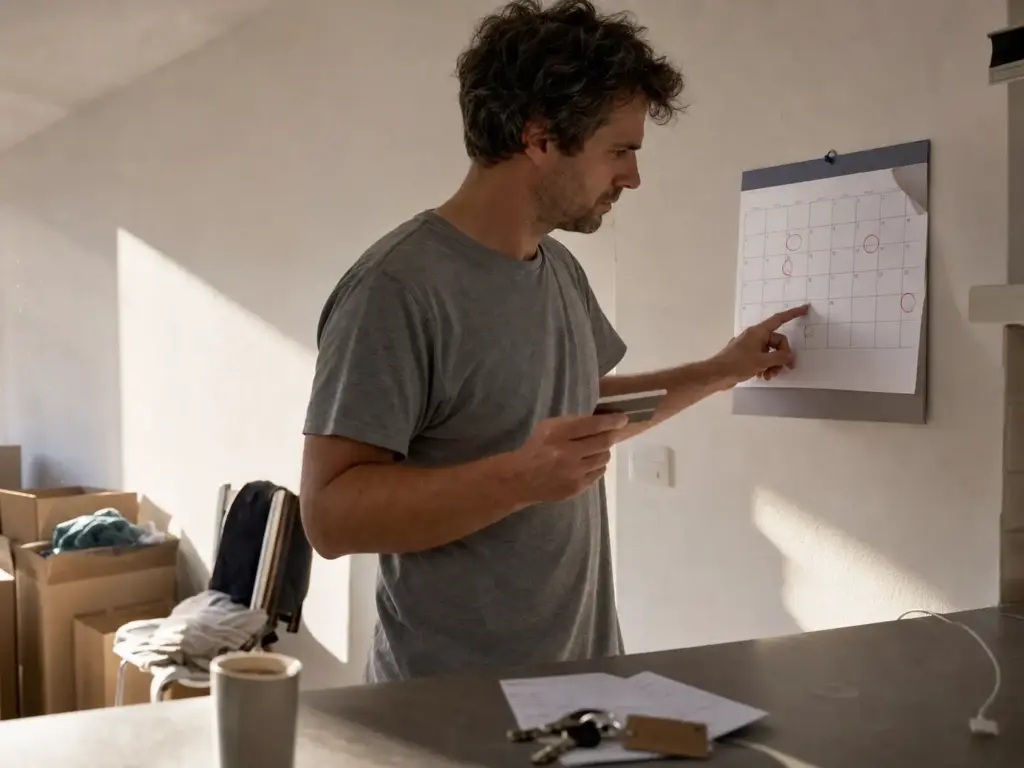 Hombre extranjero revisando su tarjeta de residente junto a un calendario de pared en una casa recién estrenada