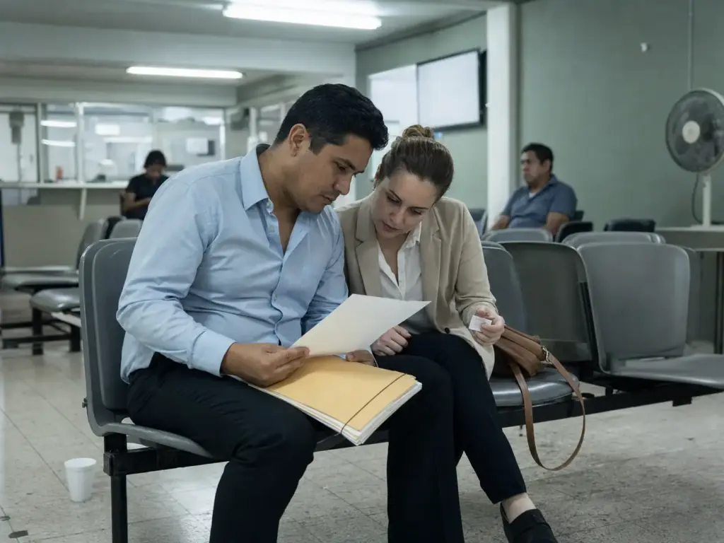 Pareja extranjera esperando su turno con carpeta de documentos en la sala de espera de una oficina de trámites migratorios