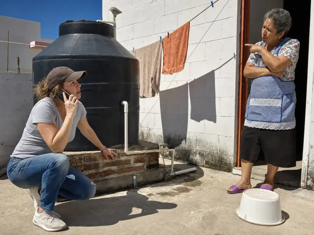 Mujer extranjera revisando la instalación de agua y el tinaco en el patio de servicio de su casa en Querétaro