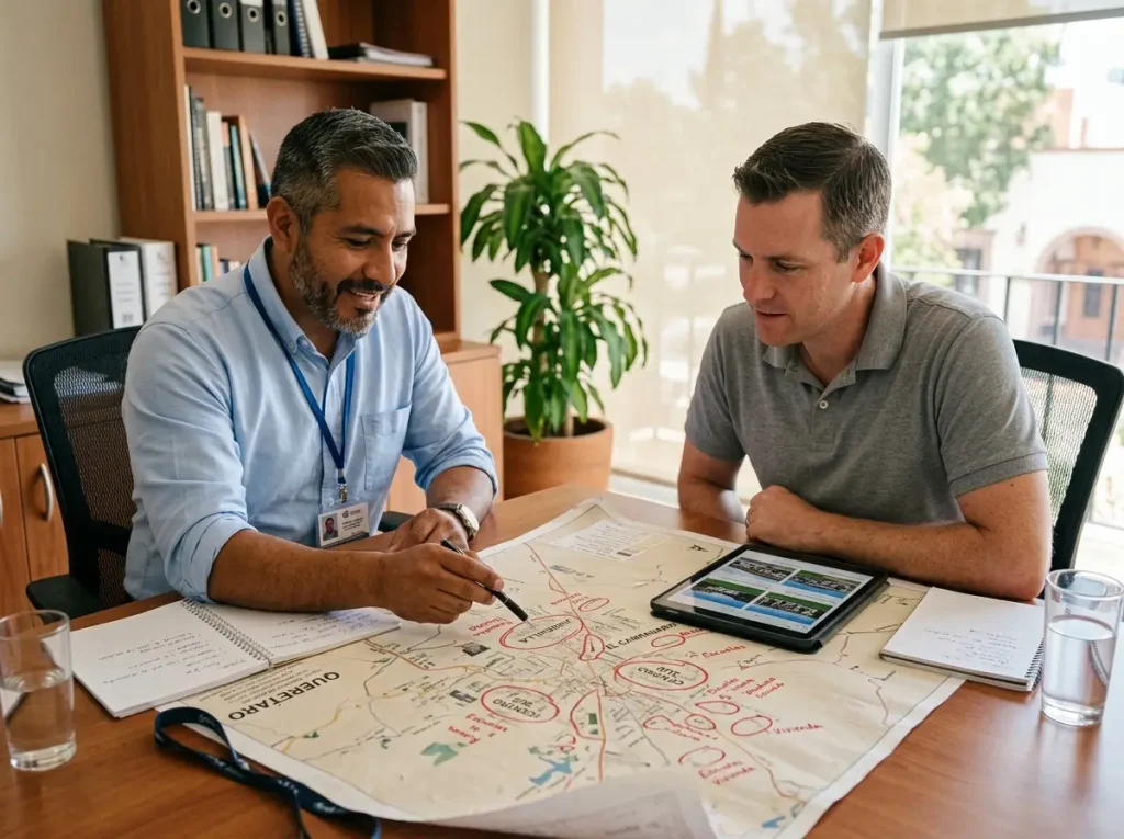 Asesor migratorio y padre extranjero comparando colegios internacionales de Querétaro por zona en un mapa