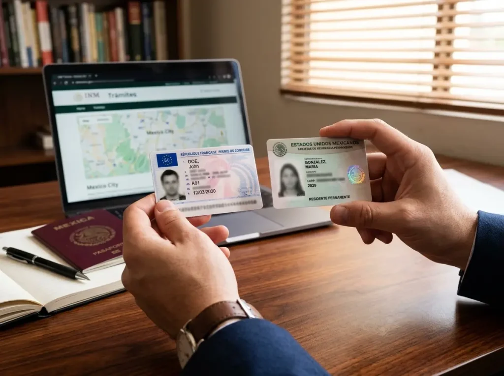 Guía de Licencia de Conducir para Extranjeros en Querétaro 6 Manos sosteniendo licencia de conducir extranjera junto a tarjeta de residente mexicana en Querétaro