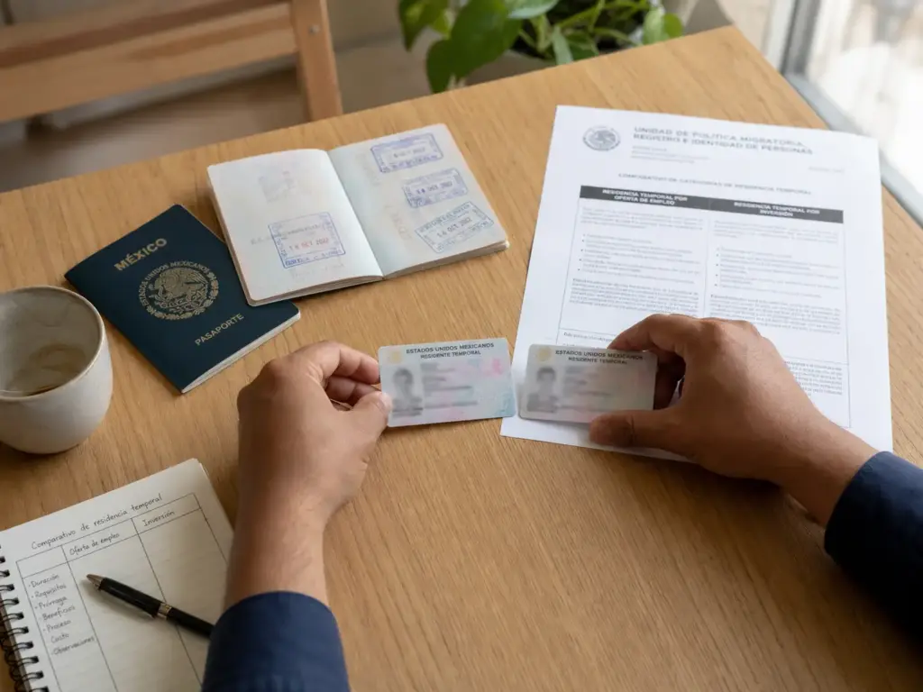 Tu Residencia Temporal, Derechos y Trámites 2026 1 Dos tarjetas de residente temporal con vigencias distintas sobre mesa de trabajo con pasaportes
