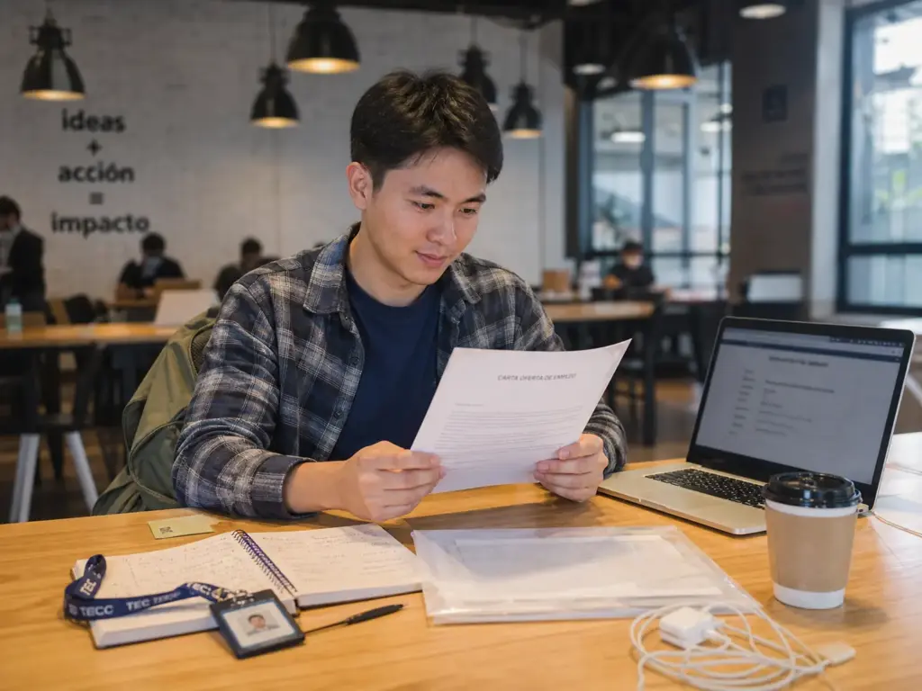 Tu Residencia Temporal, Derechos y Trámites 2026 6 Estudiante extranjero revisando su oferta de empleo y tarjeta de residente para el permiso laboral
