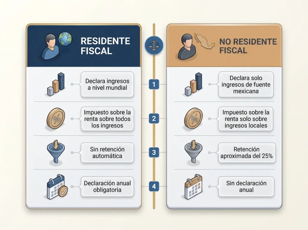 Tabla comparativa entre residente fiscal y no residente fiscal en México con ingresos, impuesto, retención y obligaciones