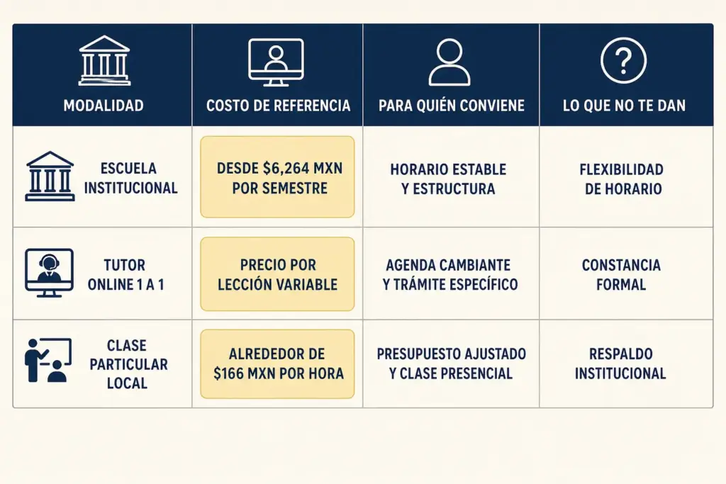 Tabla comparativa de tres modalidades de curso de español en Querétaro con su costo de referencia, a quién le conviene cada una y qué no ofrece