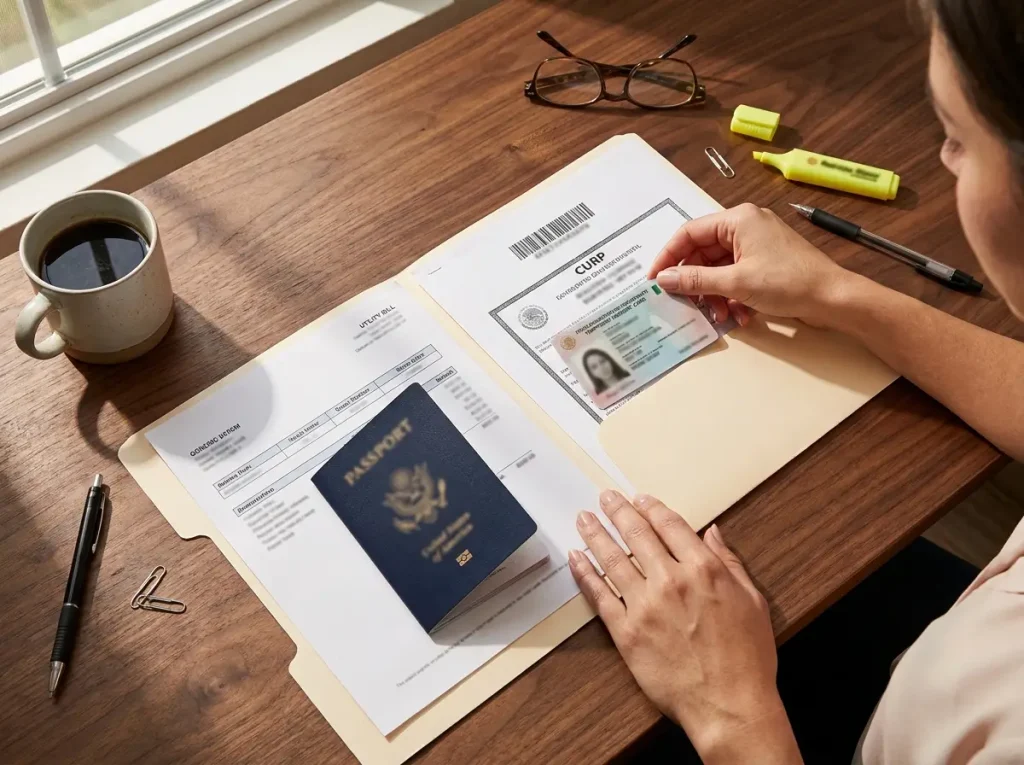 Cuenta de Banco de Residente Temporal sin que te Rechacen 2 Documentos para abrir cuenta de banco de residente temporal sobre escritorio pasaporte tarjeta recibo y CURP
