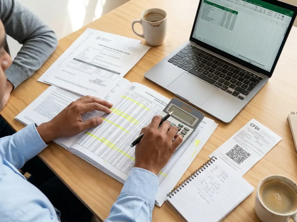 Mesa de trabajo con documentos fiscales del SAT para calcular obligaciones de residente extranjero