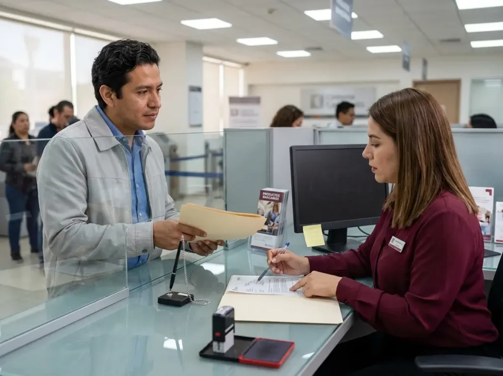 Cuenta de Banco de Residente Temporal sin que te Rechacen 5 Residente temporal entregando documentos en ventanilla bancaria al abrir su cuenta de banco en México