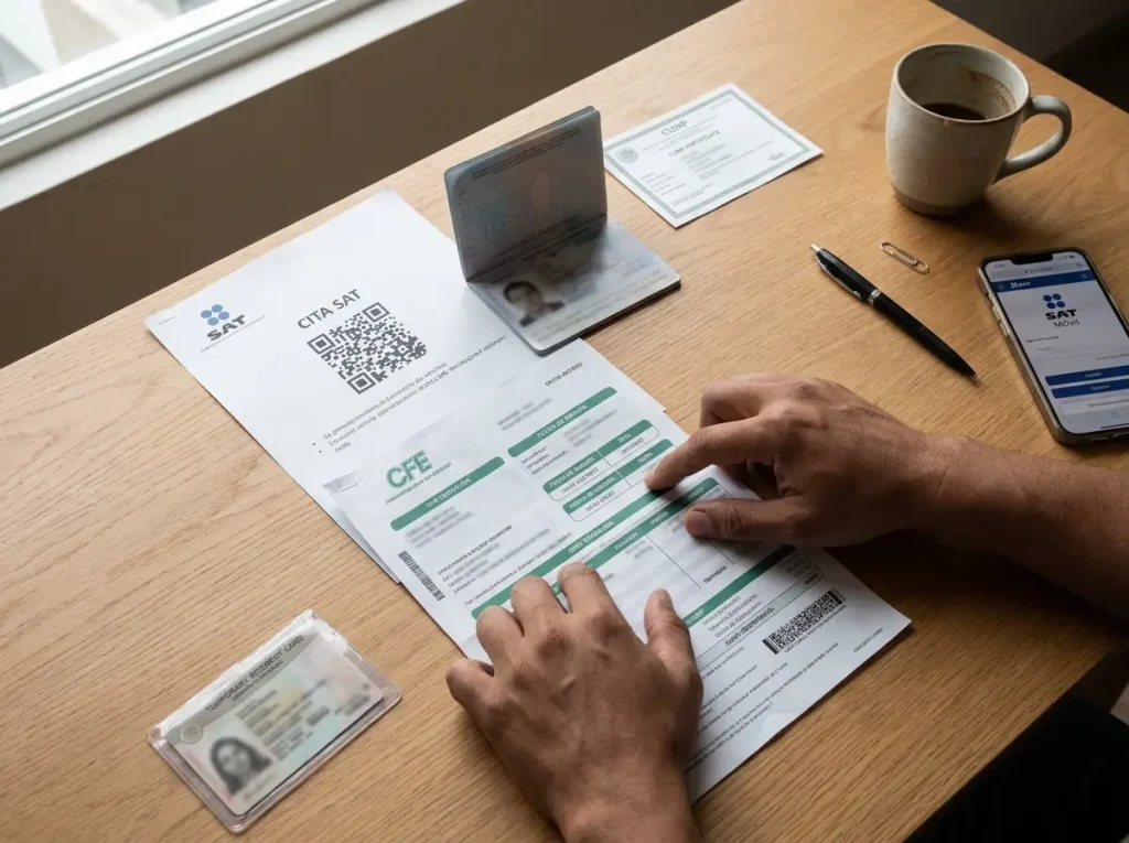 ¿RFC sin pagar impuestos? Guía residente temporal 4 Mesa con tarjeta de residente temporal, comprobante de domicilio y pasaporte, requisitos del SAT para RFC